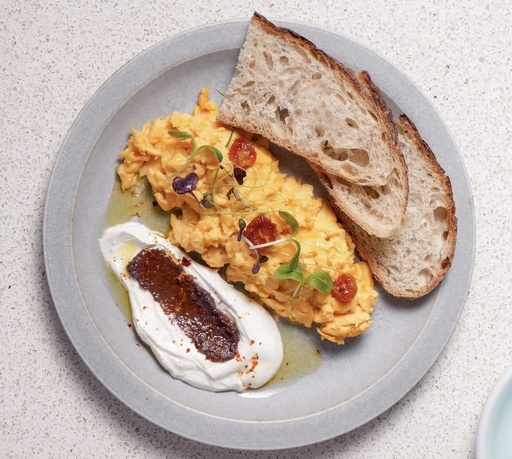 SCRAMBLED EGGS WITH LABNEH AND HOMEMADE OLIVE TAPENADE - بيض مخفوق مع لبنه و خليط الزيتون